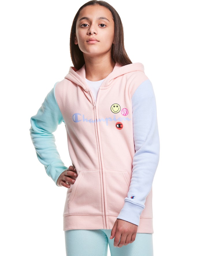 Champion Colorblock Fleece Full Zip Smiley Face - Tytön Koralli/Sininen Huppari - Suomi 4503792-XK